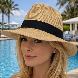 ❤️ Tan Wide-Brim Fedora Style Sun Hat with Black Band